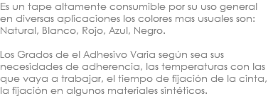 Es un tape altamente consumible por su uso general en diversas aplicaciones los colores mas usuales son: Natural, Blanco, Rojo, Azul, Negro. Los Grados de el Adhesivo Varia según sea sus necesidades de adherencia, las temperaturas con las que vaya a trabajar, el tiempo de fijación de la cinta, la fijación en algunos materiales sintéticos.